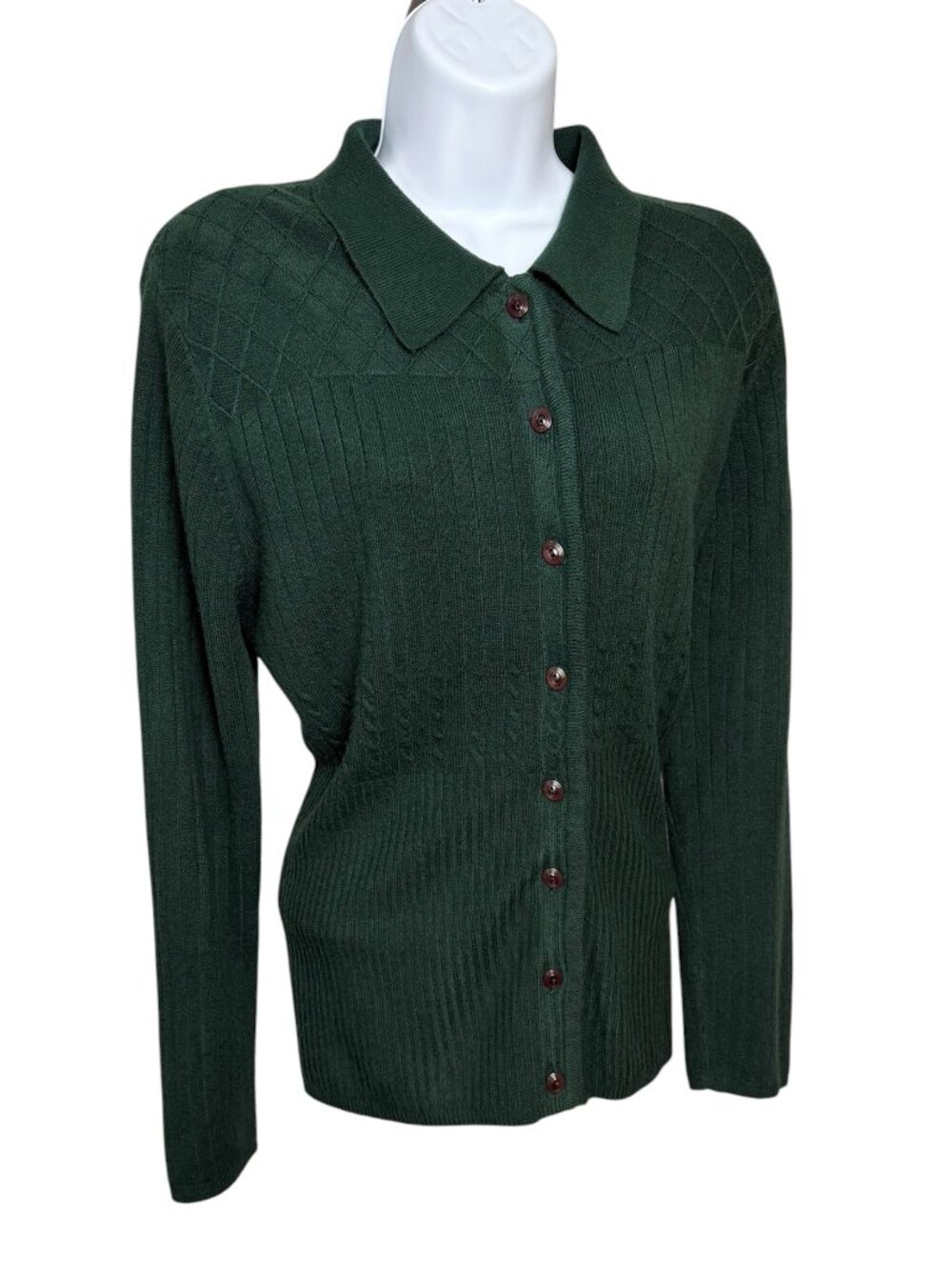 Koret Green Cable Knit Button Cardigan Sweater M Cottagecore Cozy Collared